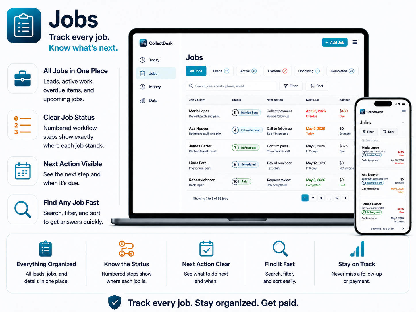 CollectDesk Jobs view visual showing job tracking details